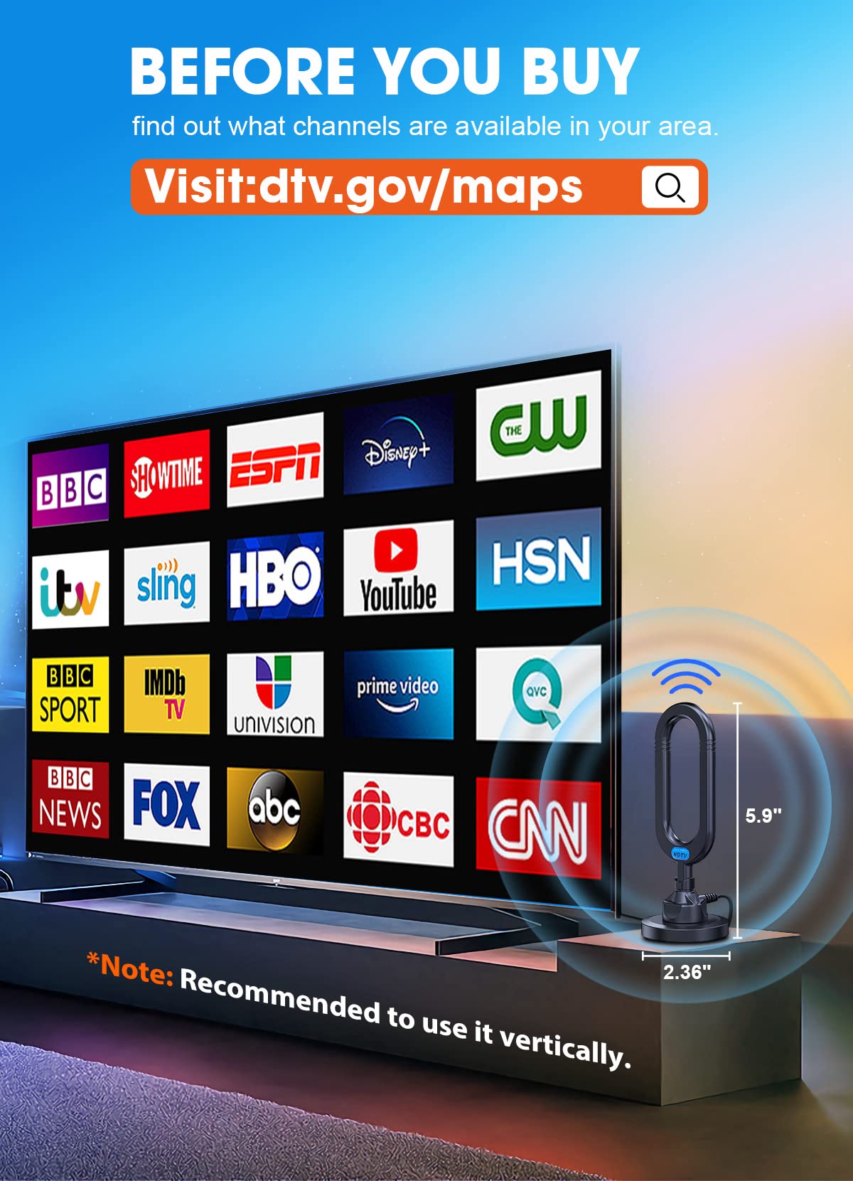 WUMINGLU TV Antenna for Smart TV Indoor 2025 4K Digital HDTV Up to 380 Miles Long Range Local Channels Indoor Outdoor