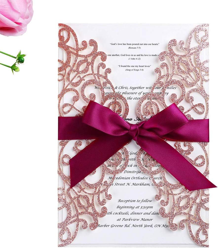 Jofanza 5X7.2 Inch 20PCS Laser Cut Lace Wedding Invitation Cards with Ribbon and Envelopes for Bridal Shower Engagement Graduation Sweet 16 Birthday Invites (Rose Gold Glitter)