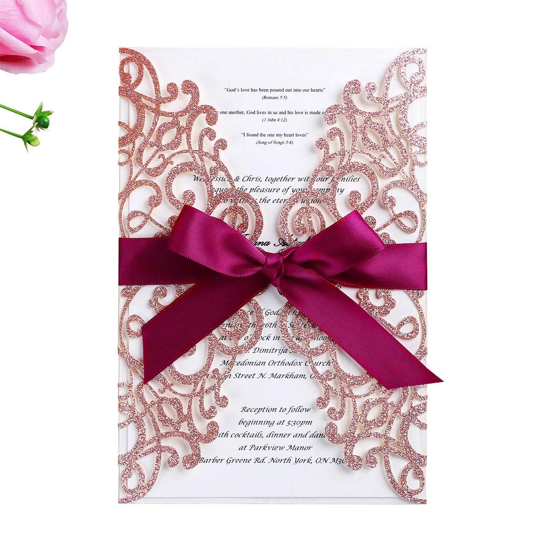 Jofanza 5X7.2 Inch 20PCS Laser Cut Lace Wedding Invitation Cards with Ribbon and Envelopes for Bridal Shower Engagement Graduation Sweet 16 Birthday Invites (Rose Gold Glitter)