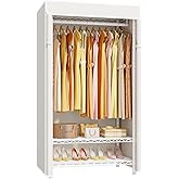 ULIFHOME H5C Clothes Rack with Cover, Portable Closet for Hanging Clothes, Covered Clothing Racks Heavy Duty, Freestanding Garment Racks with Shelves Max Load 360LBS White Closet Rack with White Cover