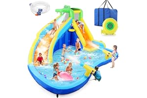 WESOKY Inflatable Water Slide for Kids 8in1 Water Park 158x138x89in Waterslide Inflatables with 450W Blower+2 Cannons+Climbing Wall+Splash Pool+Crocodile Sprinkler Blow up Water Slides for Kids Backyard Fun