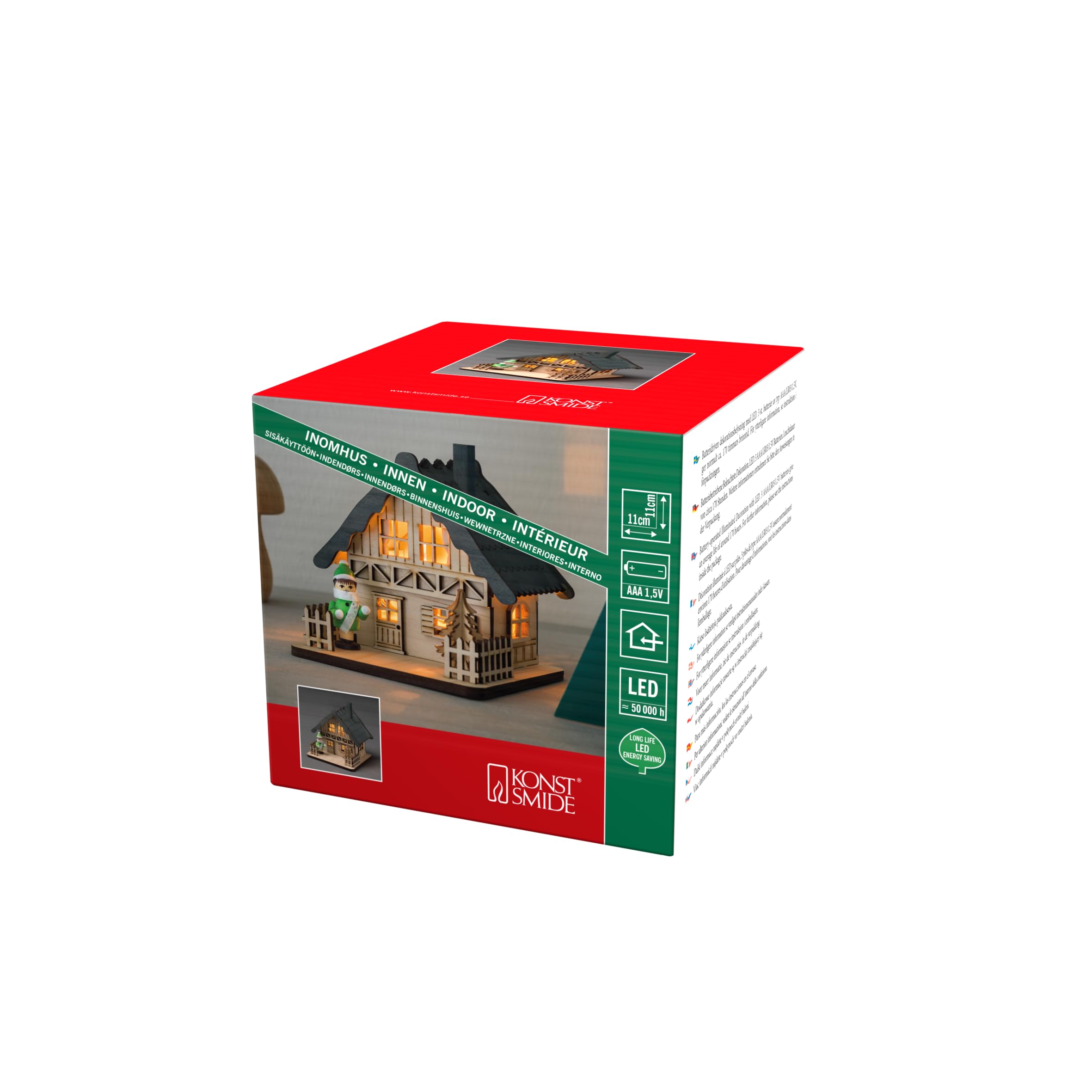 Konstsmide 3232-100 LED Wooden House “Christmas Scene” with Grey Roof Christmas Light/Indoor Use (IP20)/4 Warm White Diodes/Battery Operated: 3 x AA 1.5V (excl.)