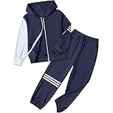kadoubiyoo Boy's Pants Set - 2 Piece Fall Outfits ColorBlock Long Sleeve Zipper Hooded and Pants Casual Clothes 6-16 Years