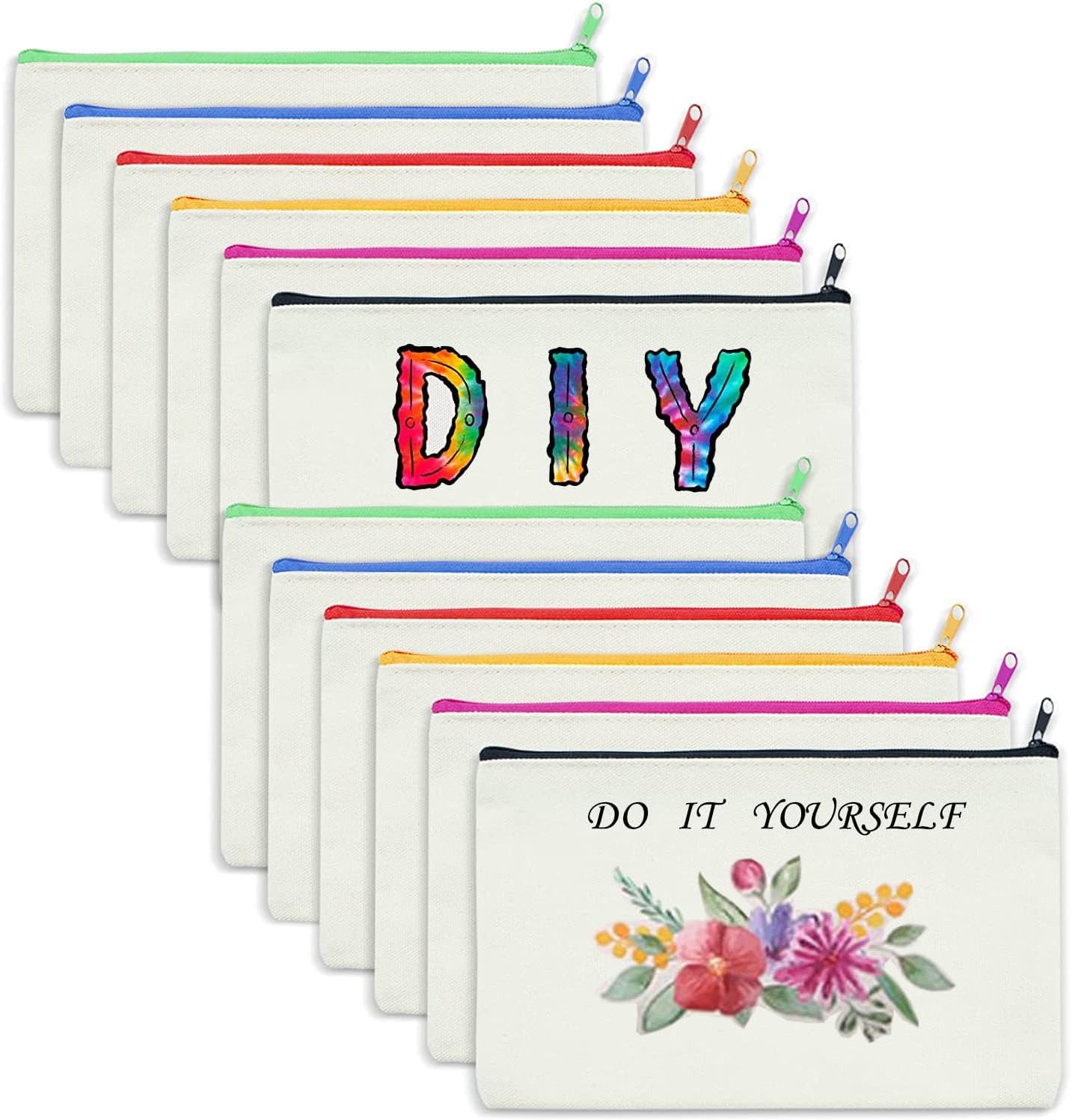 12 Pack Canvas Pencil Bags,DIY Craft Blank Zipper Bulk Multipurpose Cosmetic Travel Toiletry Bag (Colour)