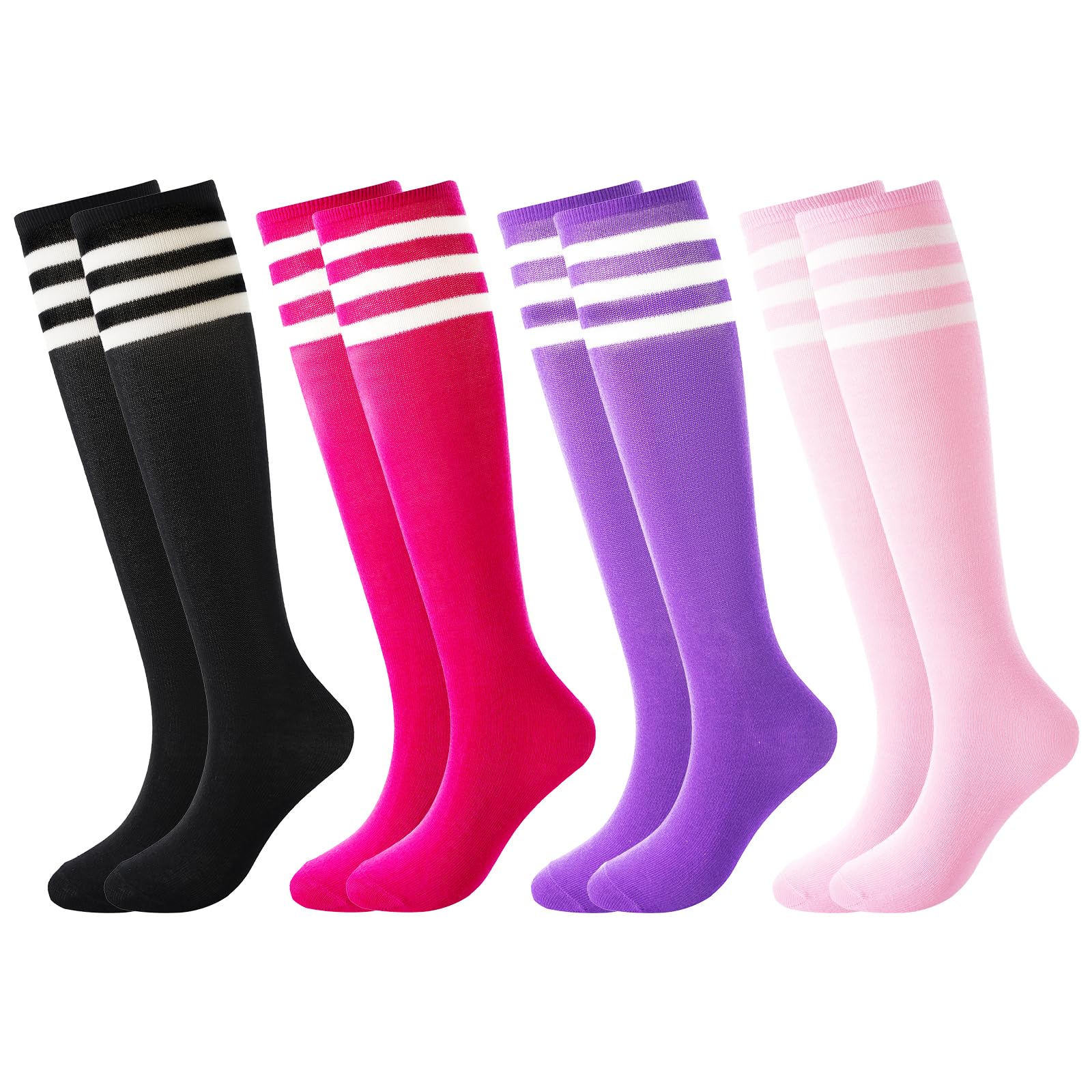 HYCLES 4 Pairs Kids Football Socks Boys Girls Knee High Soccer Socks Breathable Childrens Sport Sock Solid Striped Running Training Sock Aged 3-6