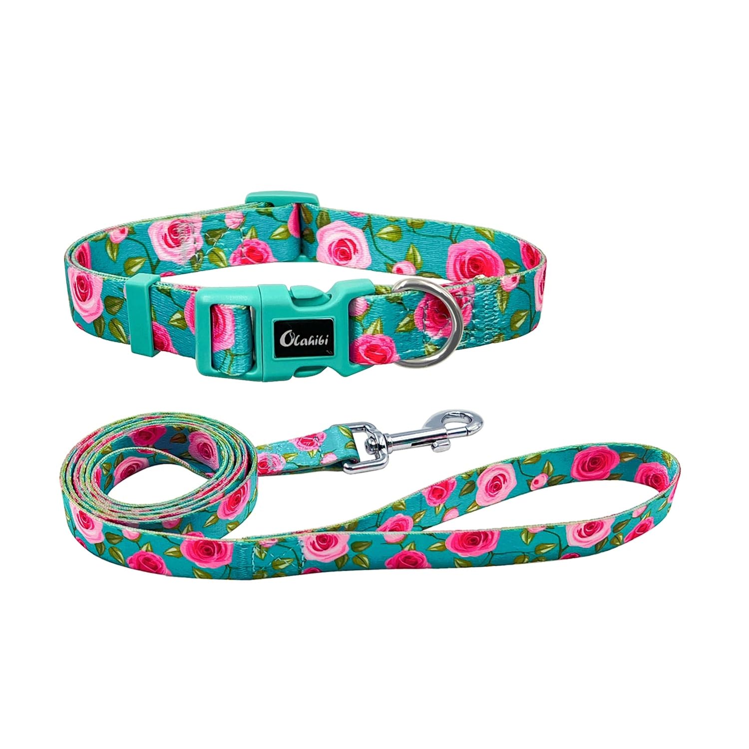 Olahibi Dog Collar and Leash Combo Set, Cute Rose Pattern, Polyester Material, 150CM Matching Leash, for Small Dogs.(S,Green Rose) — image 1