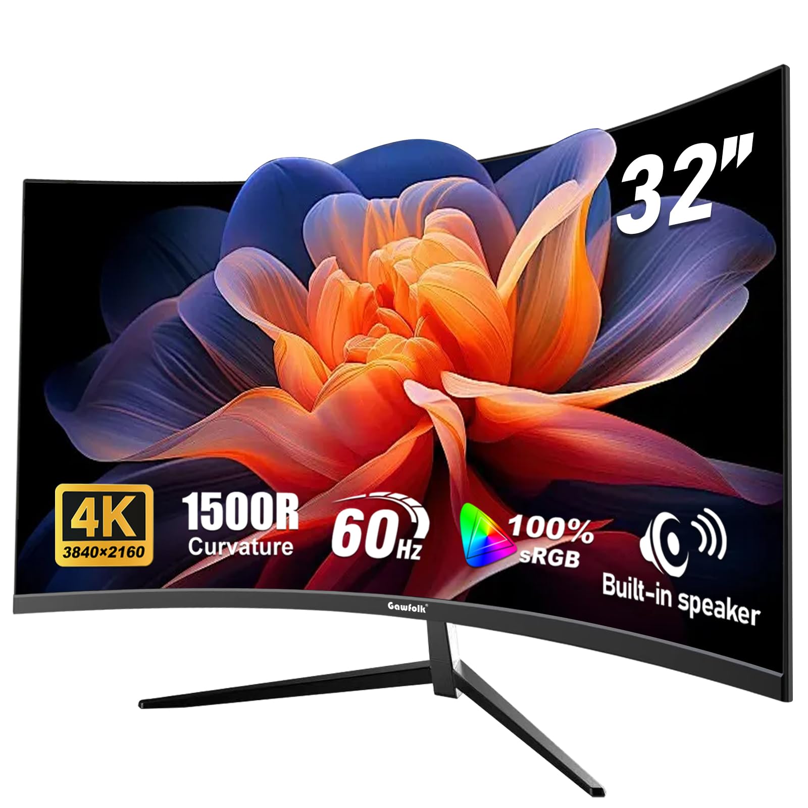 Gawfolk 32 Inch 4K UHD Curved 1500R Computer Monitor, Ultra-Clear (3840×2160p) Screen, 100% sRGB, 178° Viewing Angle, DisplayPort, HDMI, Compatible with Wall Mounting 100 * 100MM - Black