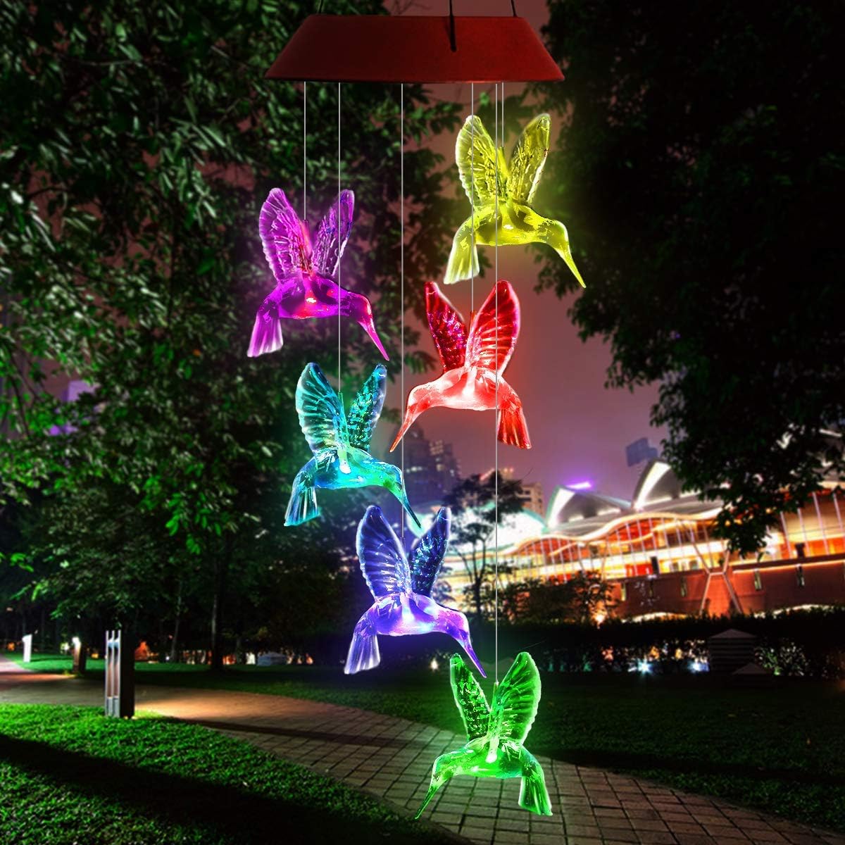 Solar Hummingbird Wind Chimes, PATHONOR Color Changing Solar Wind Chime Outdoor Mobile Waterproof Six Hummingbird LED Solar String Lights Gifts for Home Party Night Garden Hanging Decoration : Garden & Outdoor