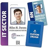 Custom Print Employee ID Badge with Vertical Side Text, Double Sided Print with Name, Photo, Logo, and Barcode &ndash; Unique Photo ID Card Solution (ID Vertical)