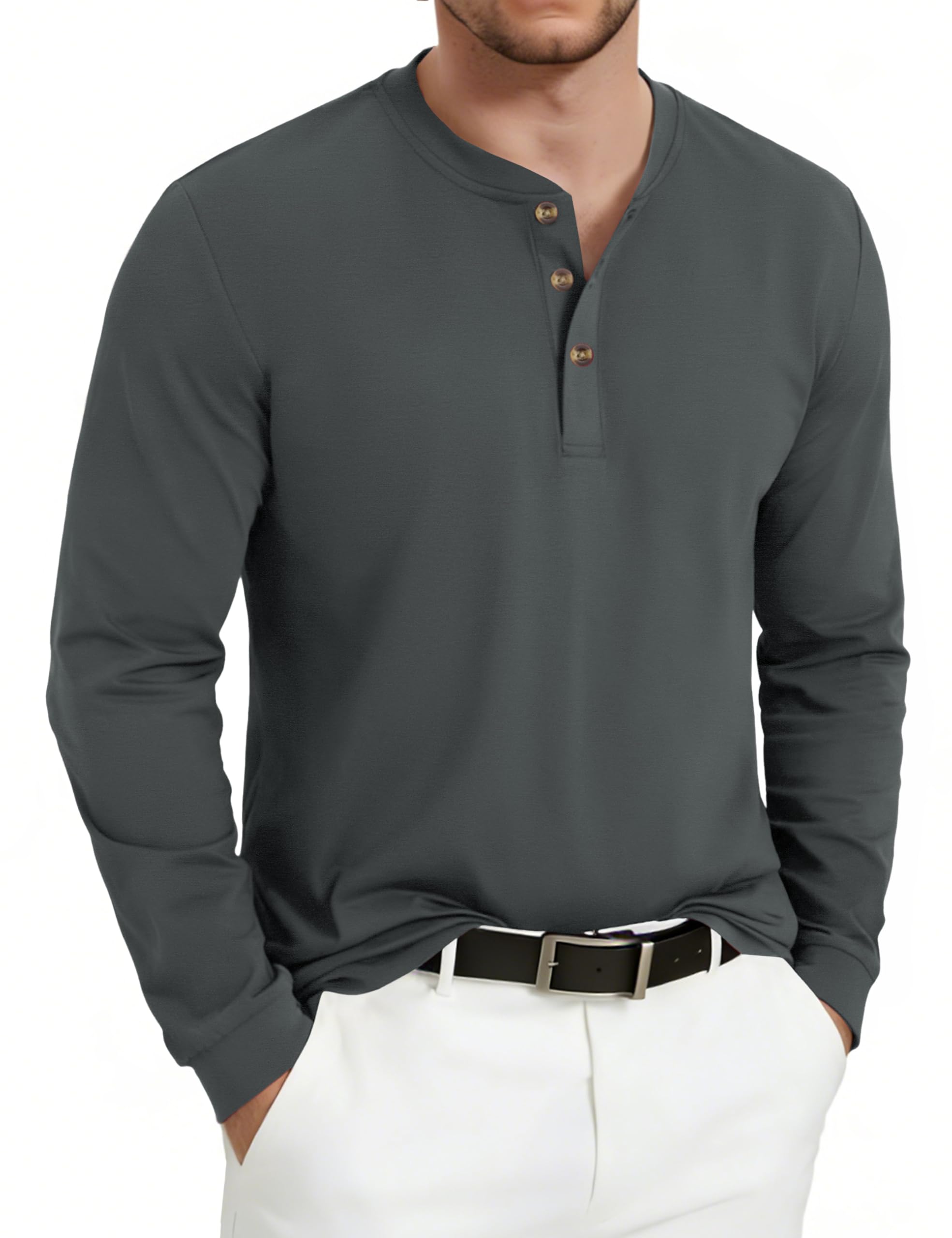 KEFITEVD Henley Herren Langarmhemd 3 Knopf Baumwolle lässig Frühling Übergang T-Shirt Dunkelgrau XL 2