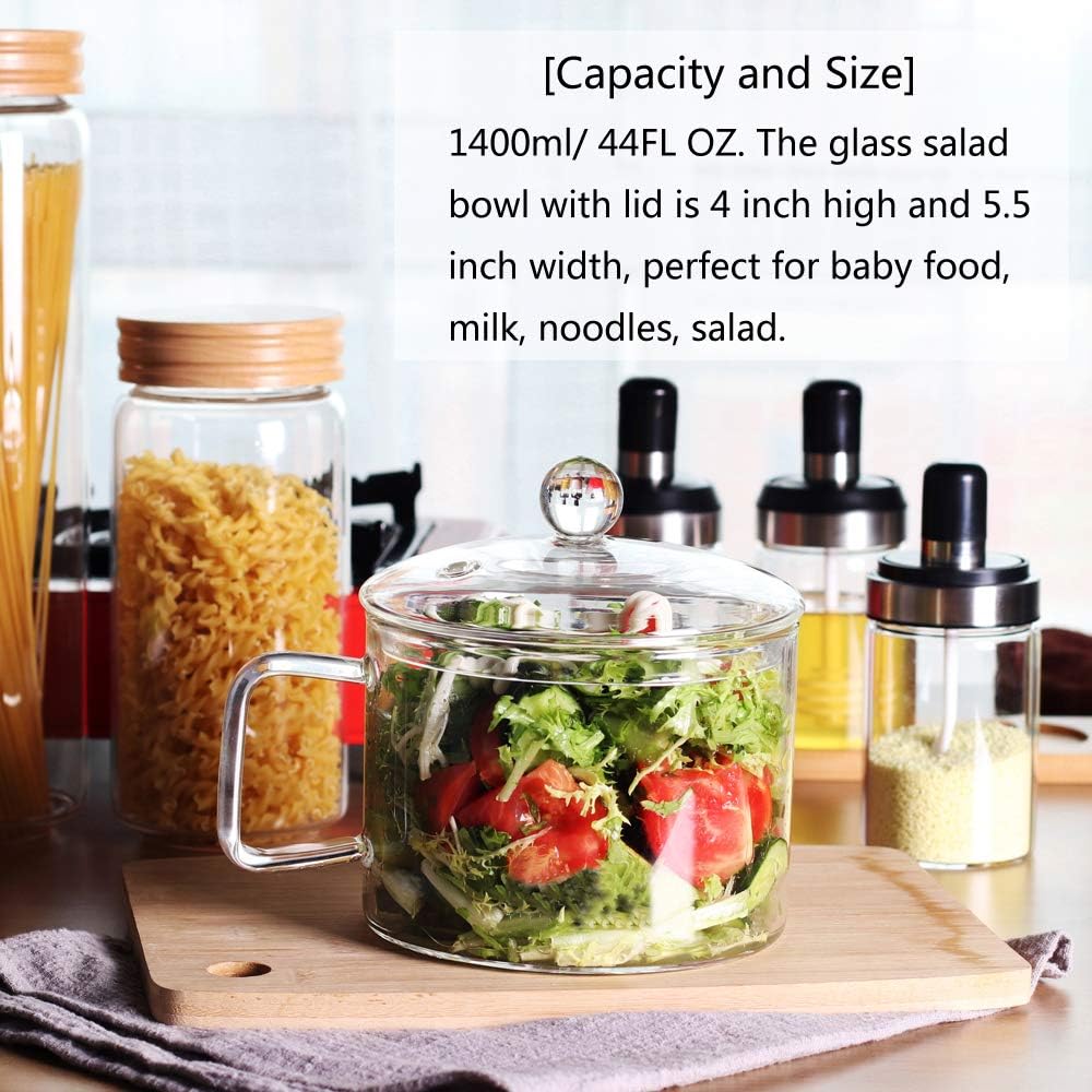  | Mini Sized Glass Pasta Noodles Bowl with Lid and Handle, 44 FL OZ/1.4L Glass Soup Bowl for Noodles, Soup, Cereals, Fruits, BPA Free, Microwave Dishwasher Oven: Soup Bowls