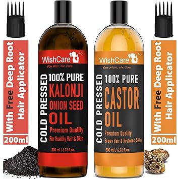WishCare 100% Pure Cold Pressed Castor Oil & Kalonji Oil - 200Ml Each