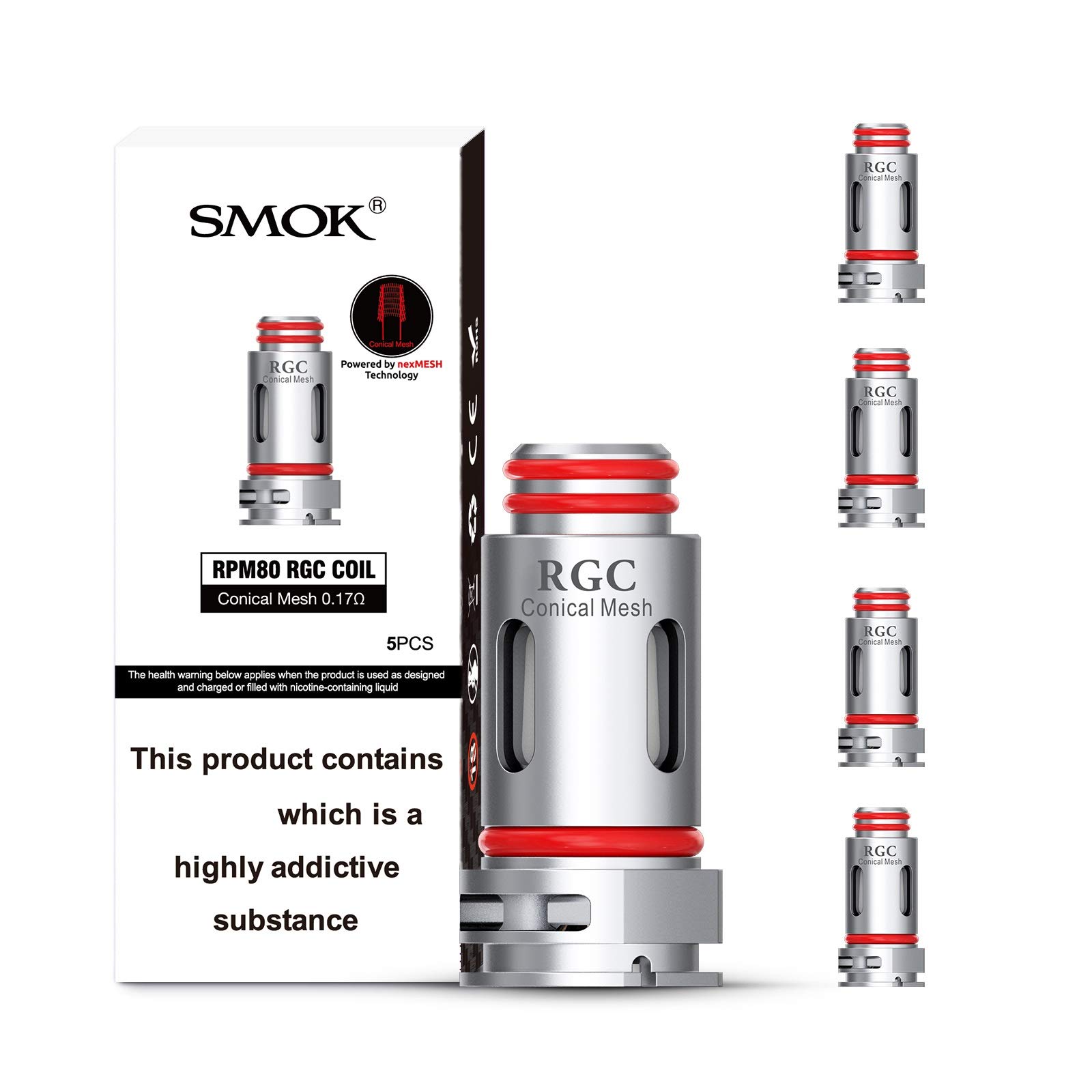 SMOK RGC Coils 0.17 Ohm Conical Mesh [Pack of 5] - NexMesh Technology for Intense Flavour and Massive Clouds, 40 to 80W DTL, Replacement Coil for RPM80/RPM80Pro/FetchPro RGCPods, No Nicotine