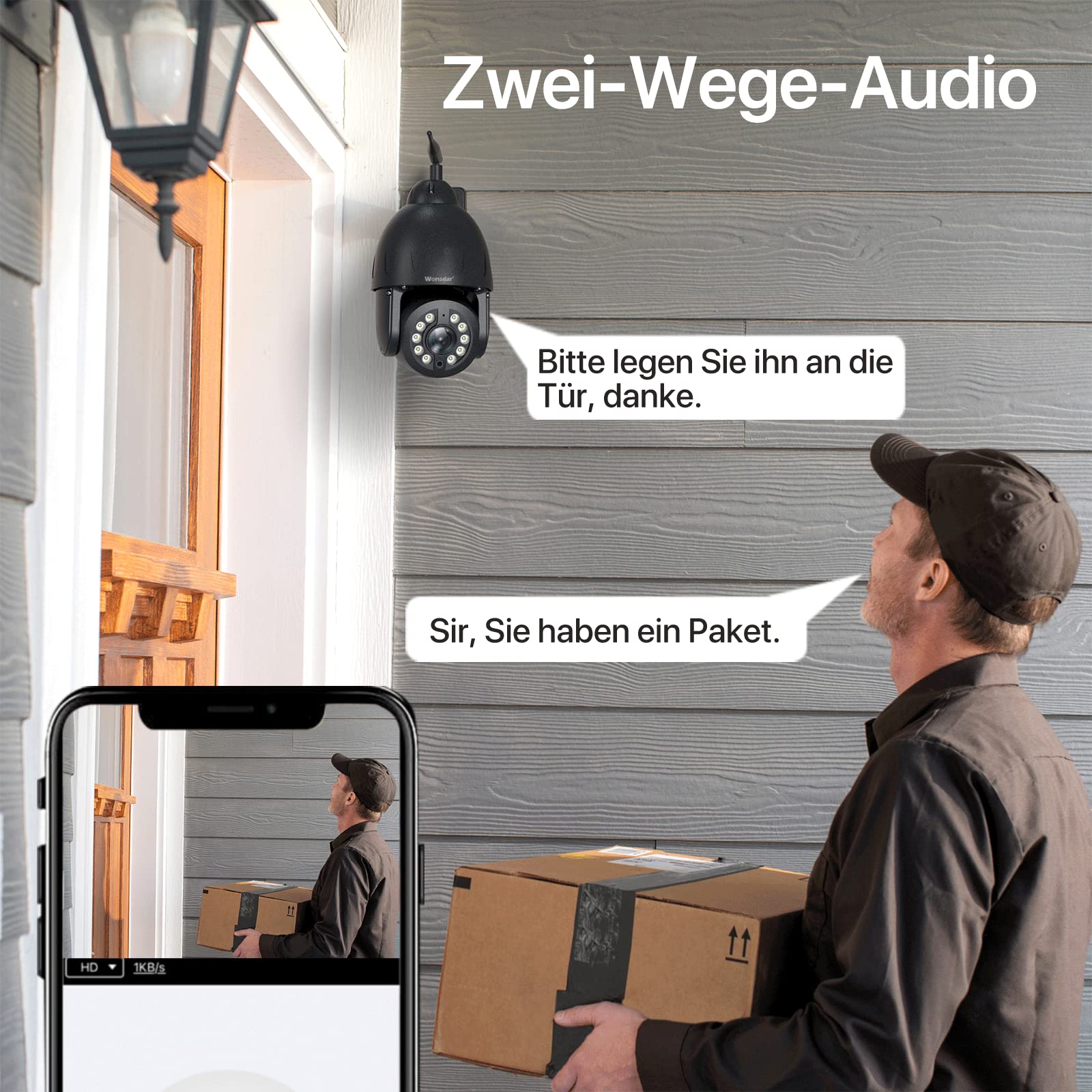 ሰው በካሜራው ባለሁለት መንገድ የድምጽ ባህሪ ወደ ማቅረቢያ ሾፌር ሲናገር