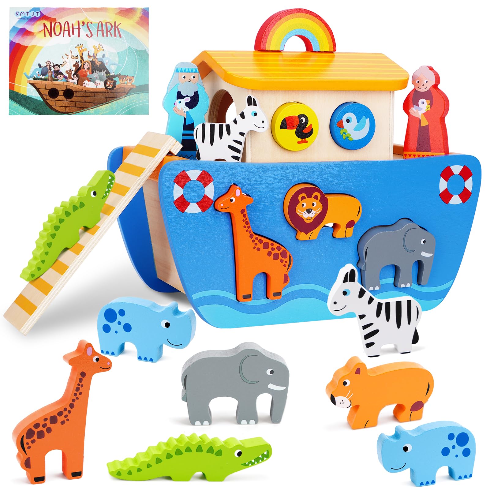 KMTJT Toddlers Wooden Noahs Ark Toy, Christening Gifts for 1 2 3 Year Old Boys Girls, Shape Sorter Early Learning Montessori Toys for 12-18 Months, 1st Birthday Baptism Gifts