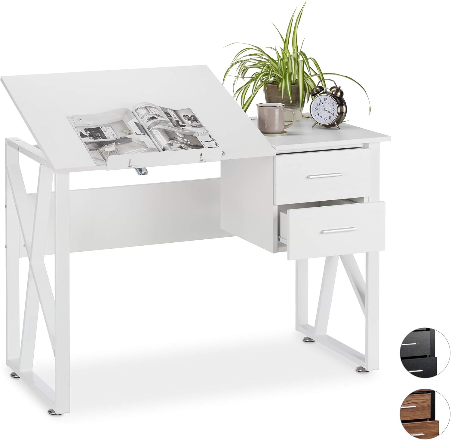 Relaxdays Schreibtisch neigbar, verstellbare Arbeitsfläche, Laptoptisch oder Zeichentisch, HBT 75x110x55cm, weiß