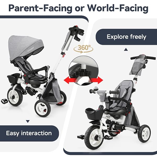 JMMD 8 IN 1 TRICYCLE STROLLER WITH PUSH HANDLE, FOLDABLE TRIKE WITH 360° SWIVEL SEAT, RECLINING BACKREST, ALL-TERRAIN WHEELS, DUAL BRAKES, CANOPY & STORAGE, GIFT FOR KIDS 18 MONTHS TO 5 YEARS, GRAY