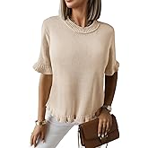 Saodimallsu Womens Short Sleeve Sweater Tops Summer Ruffle Casual Loose Fitting Crew Neck Knit Shirts