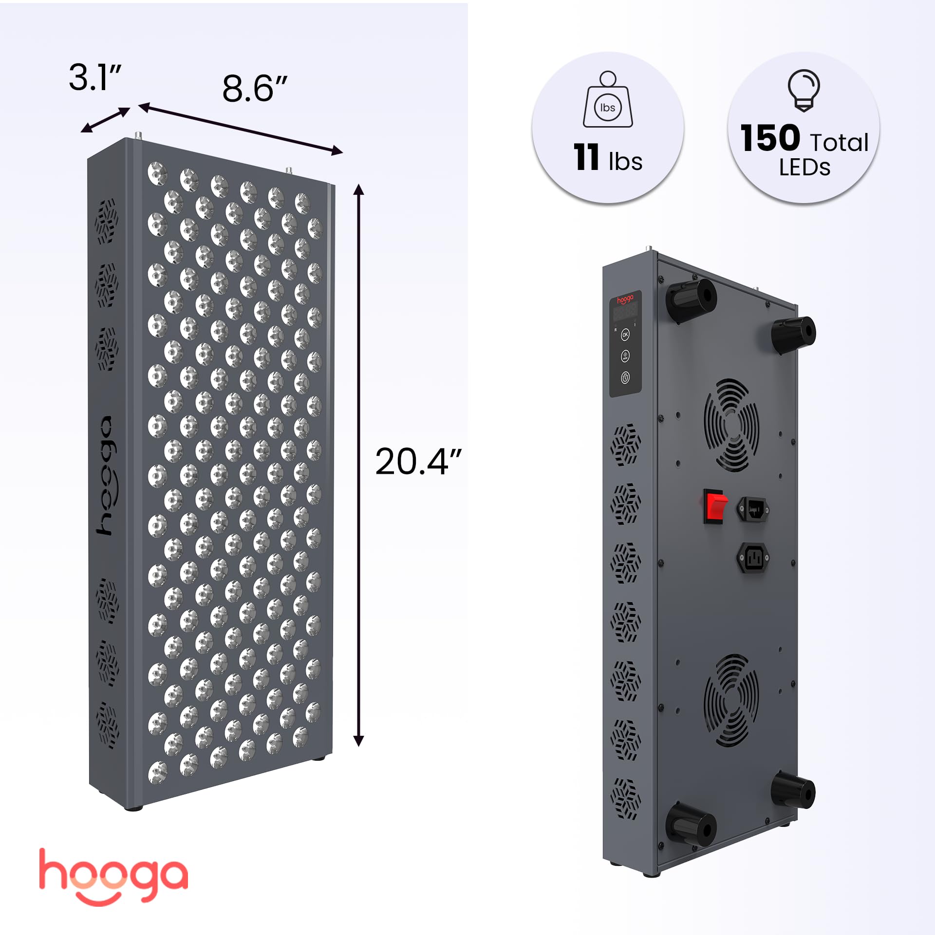 Hooga Red Light Therapy Panel for Face and Body, Red Near Infrared 150 Dual Chip LEDs, Built in Timer, Clinical Grade, Flicker Free Device for Energy, Pain, Skin, Recovery, Performance.