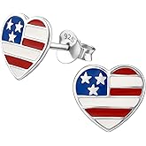 American Flag Heart 925 Sterling Silver Stud Earrings, Tiny USA 4th Of July Minimalist Jewelry