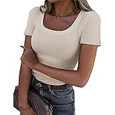 C.O.Z.Y Womens Short Sleeve Scoop Neck Tops Ribbed Knit Basic Tee Casual Summer Fitted Shirts 2025 Trendy Outfits Tan S