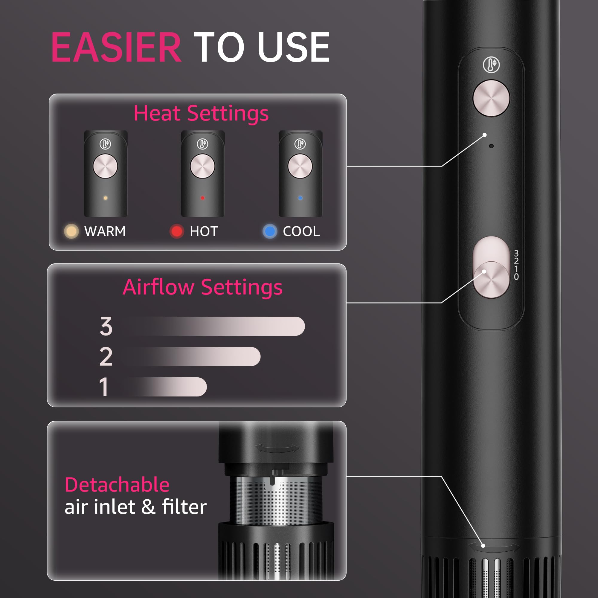 SKIMI Hair Dryer Brush and Blow Dry Brush, Multi-Hot Air Styler with 110000RPM Brushless Motor, Hot Air Brush for Fast Drying Curling Volumizing Straightening & Styling, High-Speed (Black & Pink)