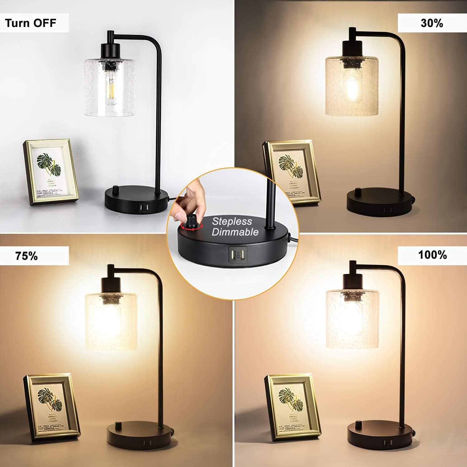 Set of 2 Industrial Table Lamps with 2 USB Port, Fully Stepless Dimmable Lamps for bedrooms, Bedside Nightstand Desk Lamps with Seeded Glass Shade for Reading Living Room Office 2 LED Bulb Included - - 