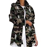 Seltaon Camo Jacket for Women Casual Camouflage Army Fatigue Green Distressed Jackets Plus Size