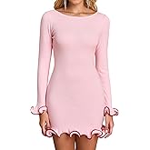 URYIAO Women's Long Sleeve Ruffle Knit Mini Dress Boat Neck Bodycon Short Going Out Party Sweater Dresses Fall
