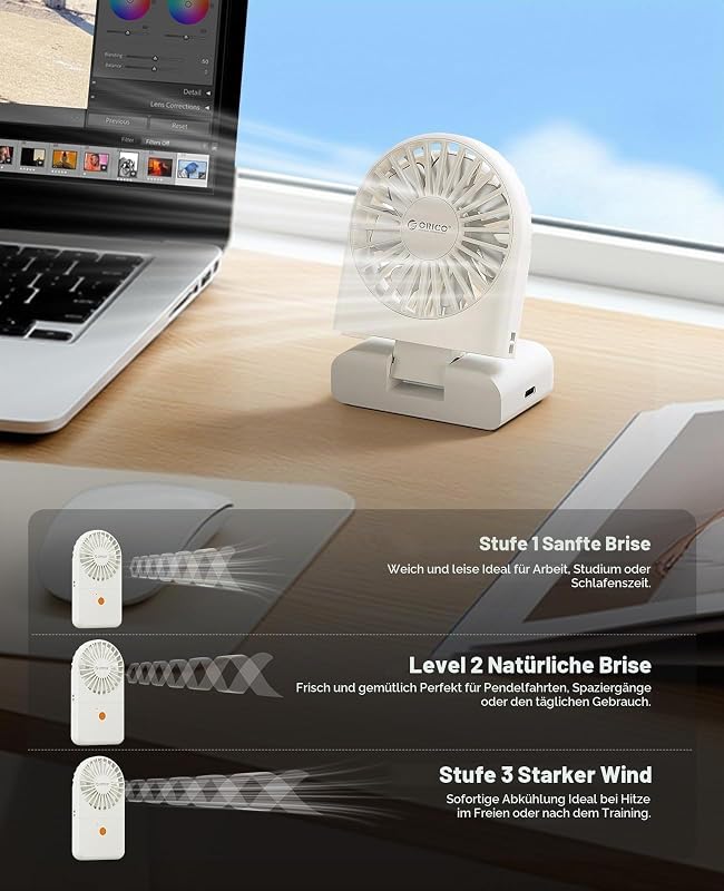 ReFAN Tragbarer Nackenventilator, 1800mAh Akku (bis zu 7 Stunden), Klappbarer Mini Tischventilator, Leicht USB Ventilator 3 Stufen für Büro, Reisen, Pendeln