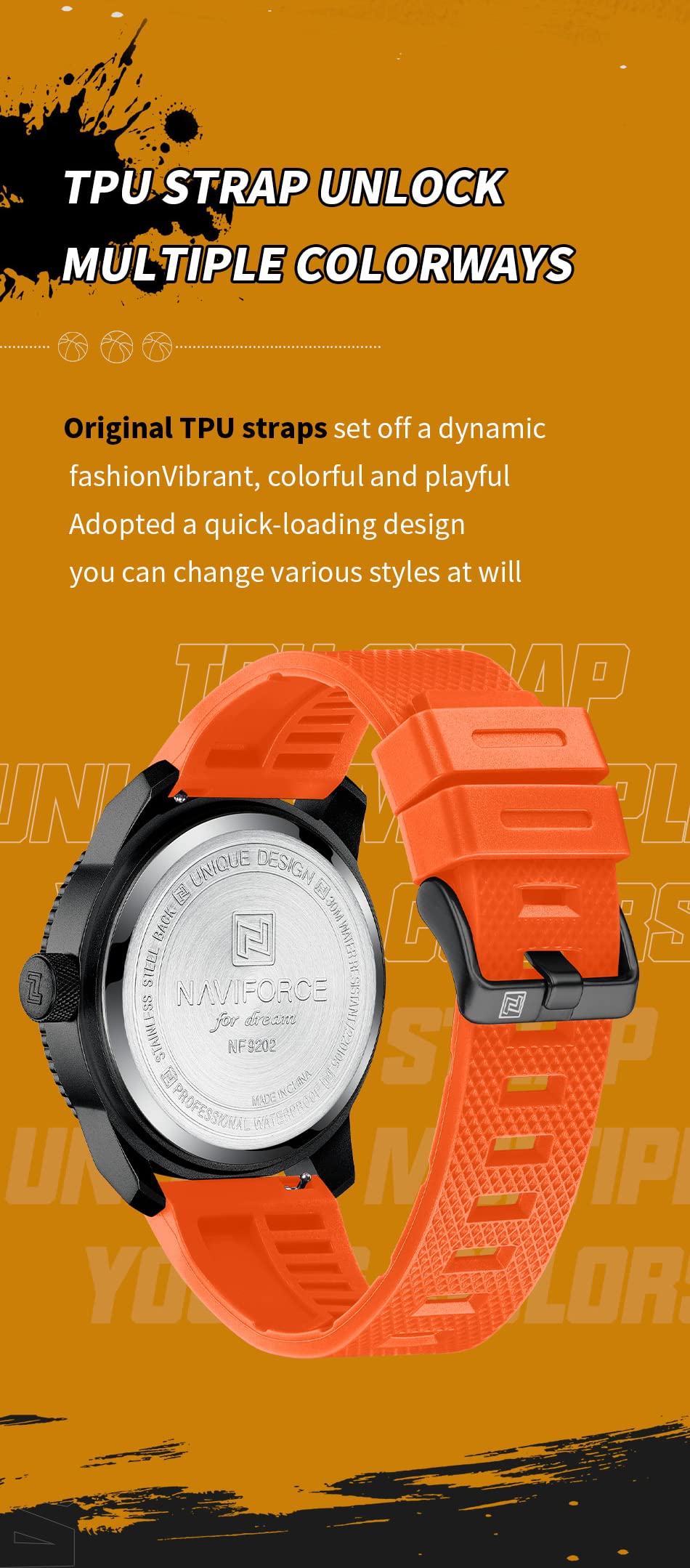 NANVIFORCE Fashion Watch with Silicone Strap Top Brand Luxury Men Watches Sport Waterproof Quartz Watches for Men, Orange, English