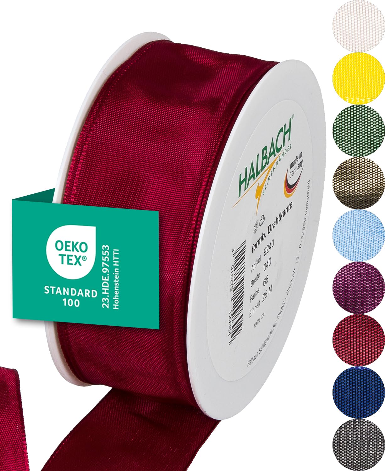 Halbach Seidenbänder Premium Gift Ribbon With Wired Edge - 40 mm Width, 25 m Length - Oeko-Tex 100 Certified Taffeta, Made in Germany - Wine Red — image 1