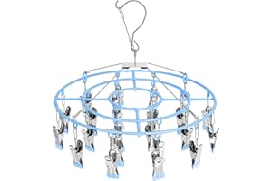 MOQIUZI Clothes Drying Rack,Stainless Steel Hanger with 24 Clips, Round Swivel, Windproof Hook Hanger for Drying Baby Clothes ，Bras, Towel, Sock,Lingerie (Blue)