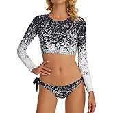 JadeRich Women's Fashion Pattern Long Sleeve Tankini Sets UPF 50+ Rash Guard Swimsuit Sun Block Swimwear