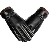 Winter Leathe Gifts Windbreak Touchable Glove Men's Black Leather Warm Hined Driving Motorcycle Gloves (L)