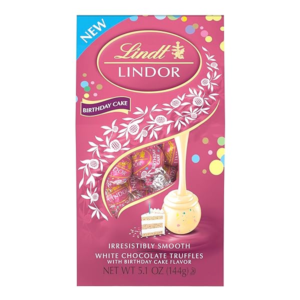 LINDT LINDOR BIRTHDAY CAKE WHITE CHOCOLATE TRUFFLES, WHITE CHOCOLATE CANDY WITH SMOOTH, MELTING TRUFFLE CENTER, 5.1 OZ. BAG