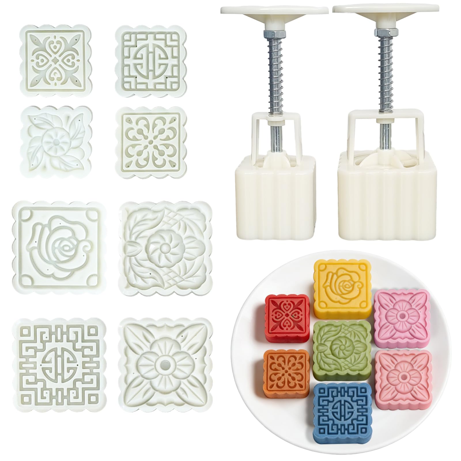 Photo 1 of 10 PCS Square Bath Bomb Mold Set Includes 2 Bath Bombs Press and 8 Different Pattern Stamps for Making DIY Tools Moon Cake Making for Mid-Autumn Festival Press (Style 5)