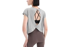Loovoo Women's Open Back Workout Crop Tops Short Sleeve Yoga Shirts Cute Athletic Running Casual Backless Top Loose Fit