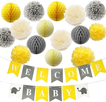 Yellow Grey Elephant Baby Shower Decorations Tissue Paper Pom Pom