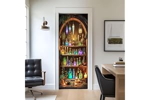 Door Stickers Peel and Stick Door Mural Magical Potion Bottles Wooden Shelves Glowing Crystals Herbs Removable Wallpaper 30.3