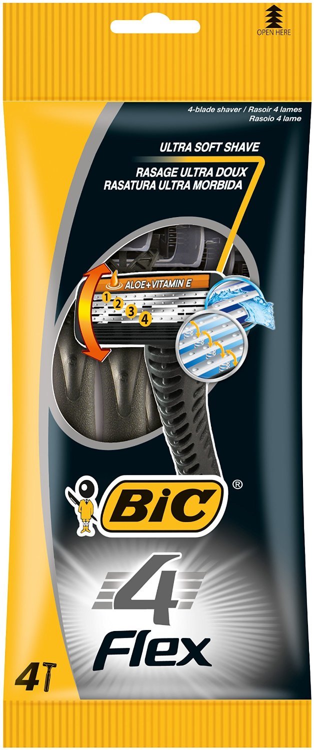 Bic Flex 3/4 x 4 Razors, Pack of 4, Black (Lubricated), Unisex-Adults