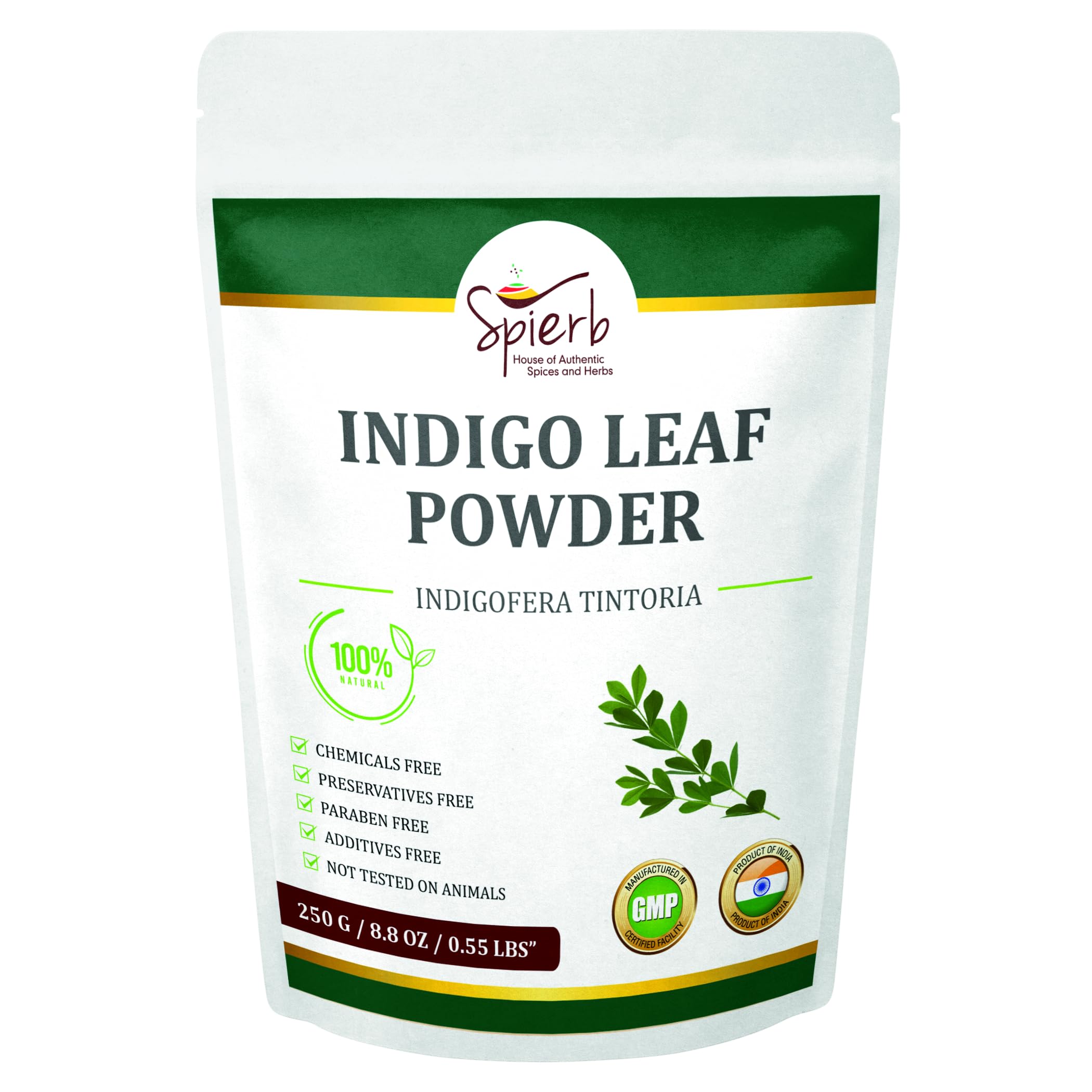 Spierb Indigo Leaf Powder (250 g / 8.8 oz / 0.55 lbs) - Natural Pure Indigo Powder for Hair Colour - Permanent Black Hair Dye - Use with Henna for Jet Black/Dark Brown Hair
