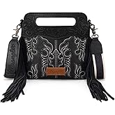 Wrangler Crossbody Bags for Women Western Fringe Top Handle Handbags Embroidered Boot Scroll Crossbody Bag