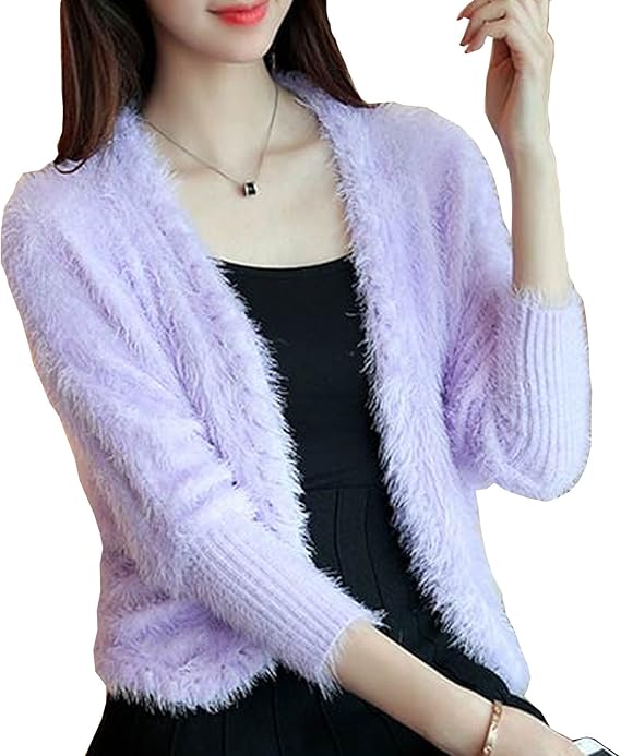 Amazon ニットカーディガン モヘア 無地 ドルマン かわいい 秋冬 あったか レディース ファッション パープル カーディガン ボレロ 通販