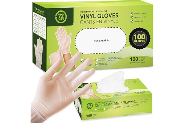 72HRS Vinyl Disposable All Purpose Clear Gloves – 4 mil, Latex Free and Power Free, Food Grade Multipurpose Gloves
