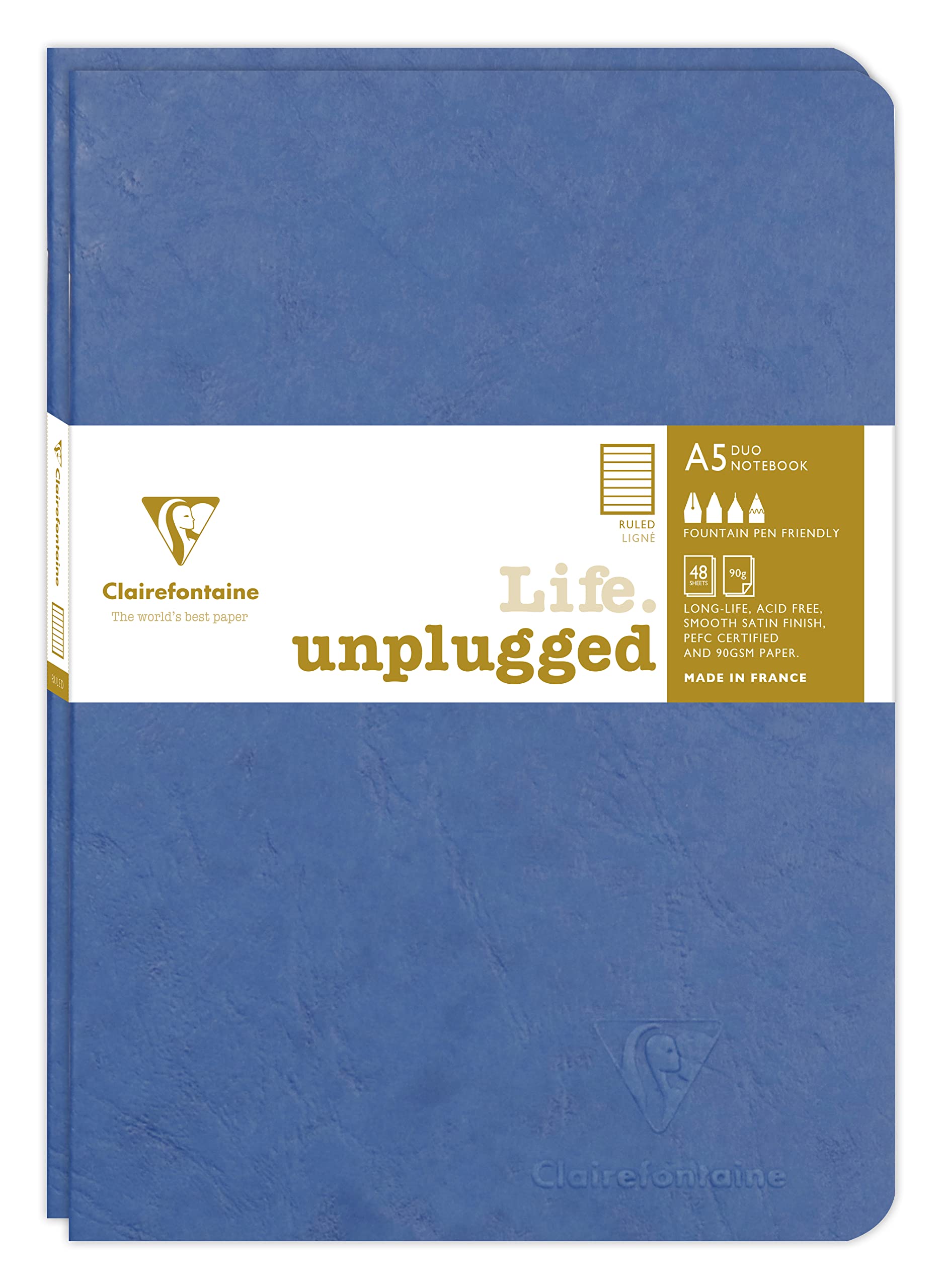 Clairefontaine 733174C Collection Age Bag Set of 2 Blue Duo Stapled Notebooks - A5 15.8x21 cm - 96 Lined Pages - 90 g White Paper - Leather Grain Card Cover