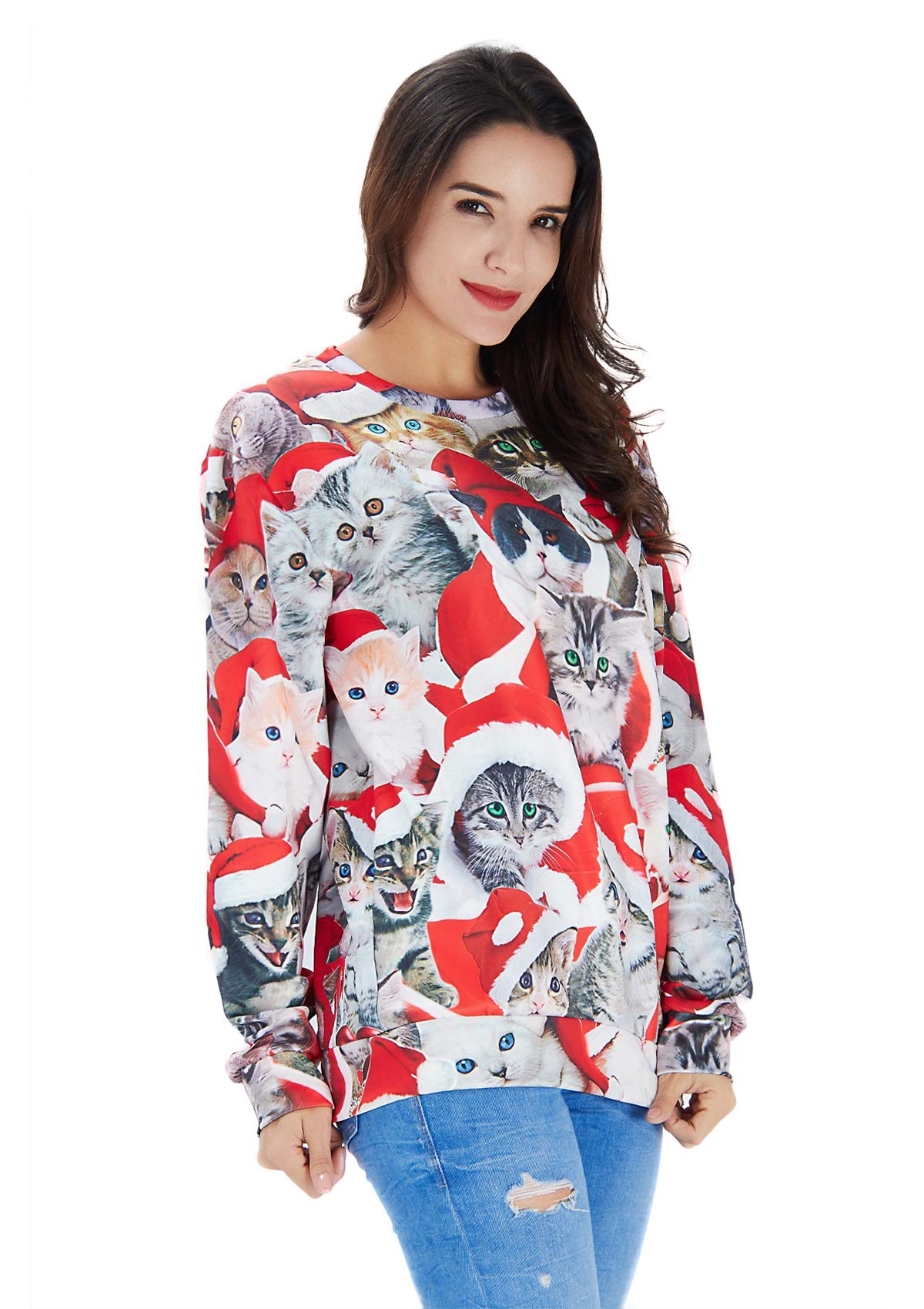 RAISEVERN Unisex Lustige hässliche Weihnachten Cat Print Hipster Neuheit Pullover Pullover Sweatshirt für Damen Herren