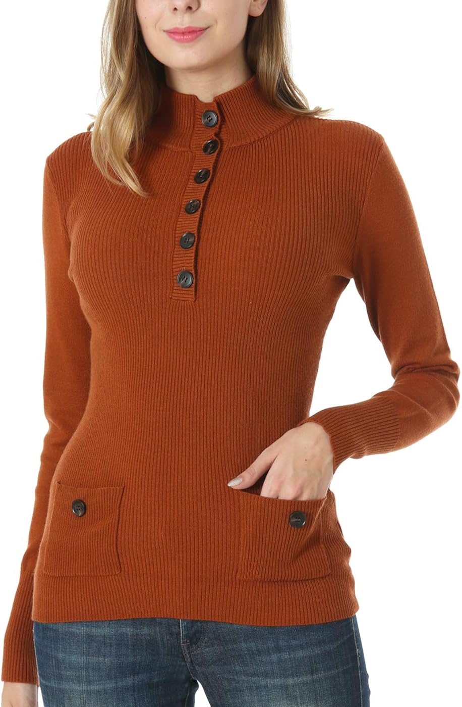 Button Sweaters for Women Long Sleeves Ribbed Knit Mock Neck Pullover