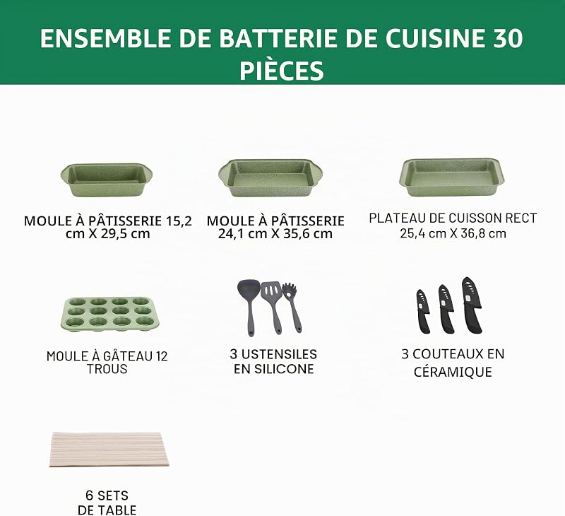 30 Pièces Casseroles et Poêles à Induction Vert