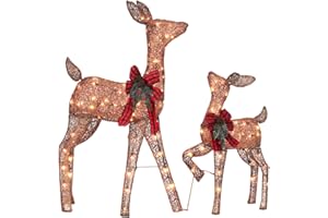 JOHOO 2 Pcs Reindeer Christmas Decoration, Xmas Lighted Brown Shimmering Doe and Fawn Display Set with 105 Warm White Lights for Yard Lawn Indoor Outdoor
